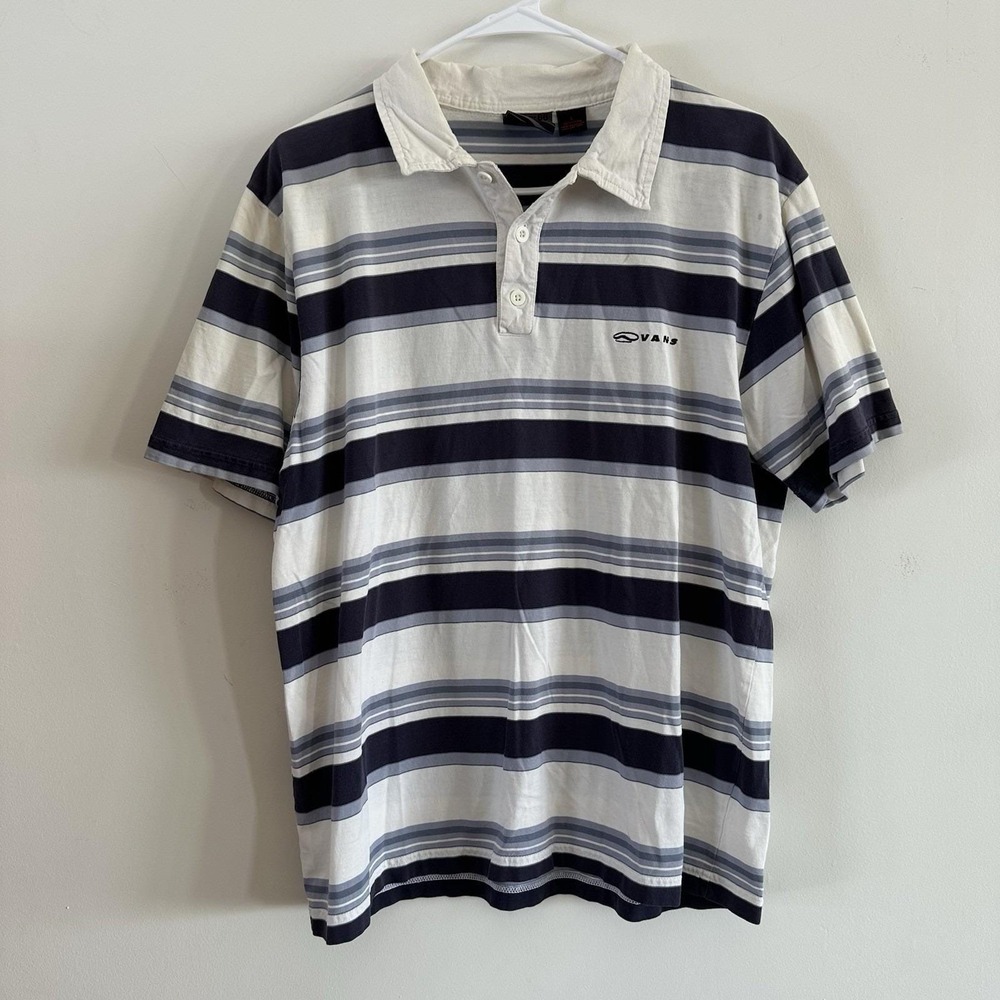 VTG Men's Y2K‎ Vans Navy Blue White Stripe Polo Short Sleeve Large Skater Cotton